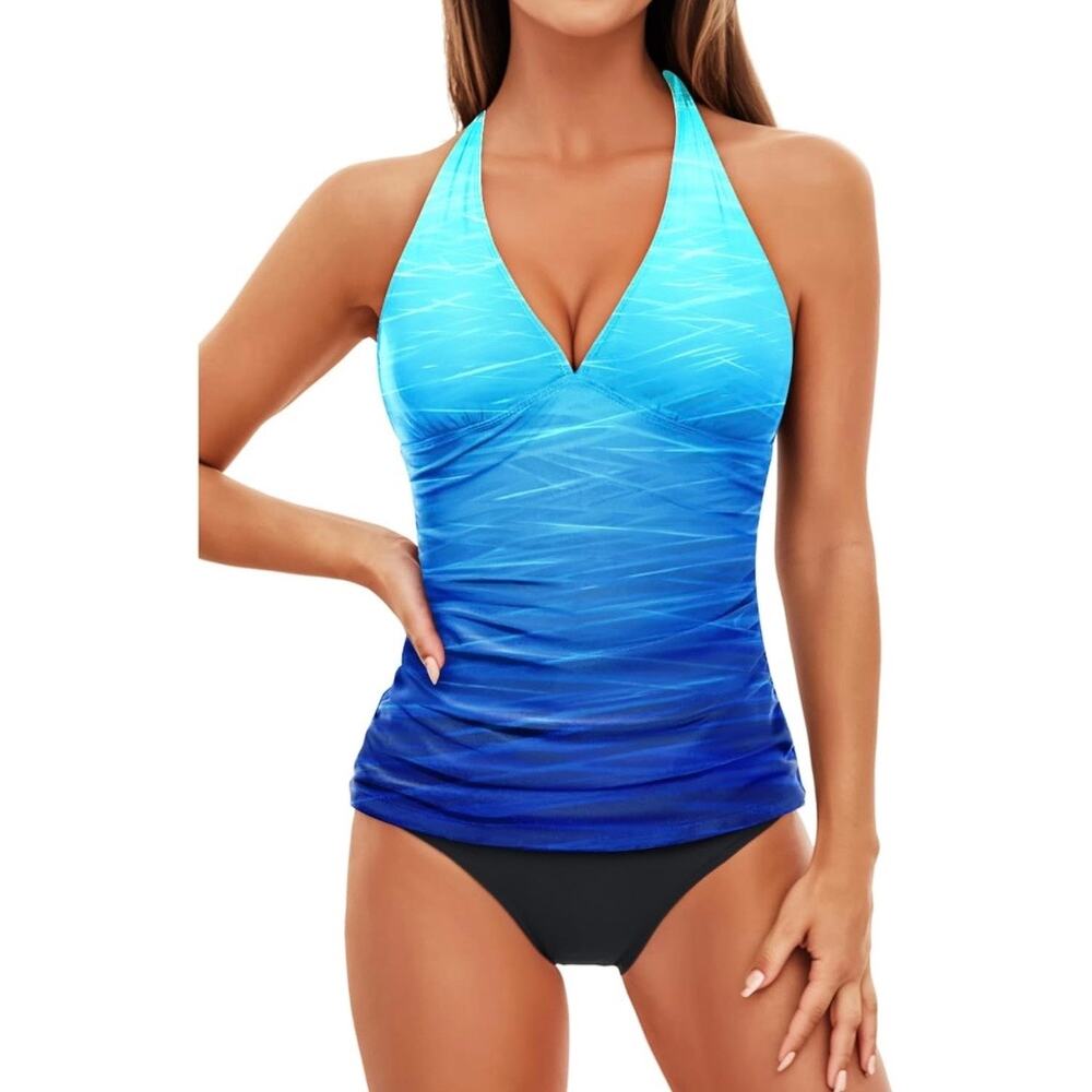 Holipick Women Blue Ombre Tankini Swimsuit Halter Tummy Control 2PC L NWT